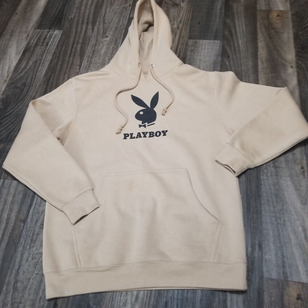 PlayBoy Hoodie M Beige Super‎ soft Black Icon Fleece Interior Discolored Spot